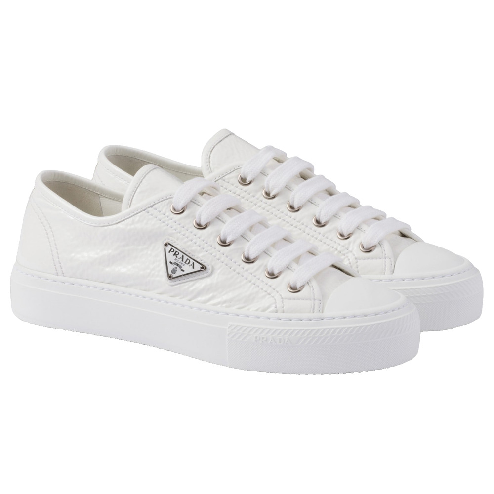 Prada Smash Naplak White Patent Logo Lace Up Flat Low Top Trainer Sneaker 38.5